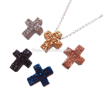 Fashion Bling Mini Colorufl Druzy Agate Cross Necklace